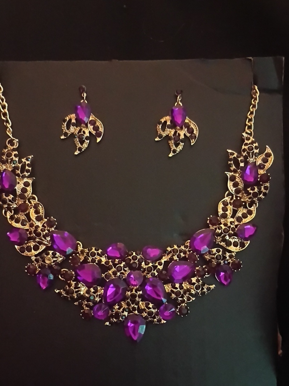 Gold-Tone Statement Necklace & Earring Set with Purple Stones